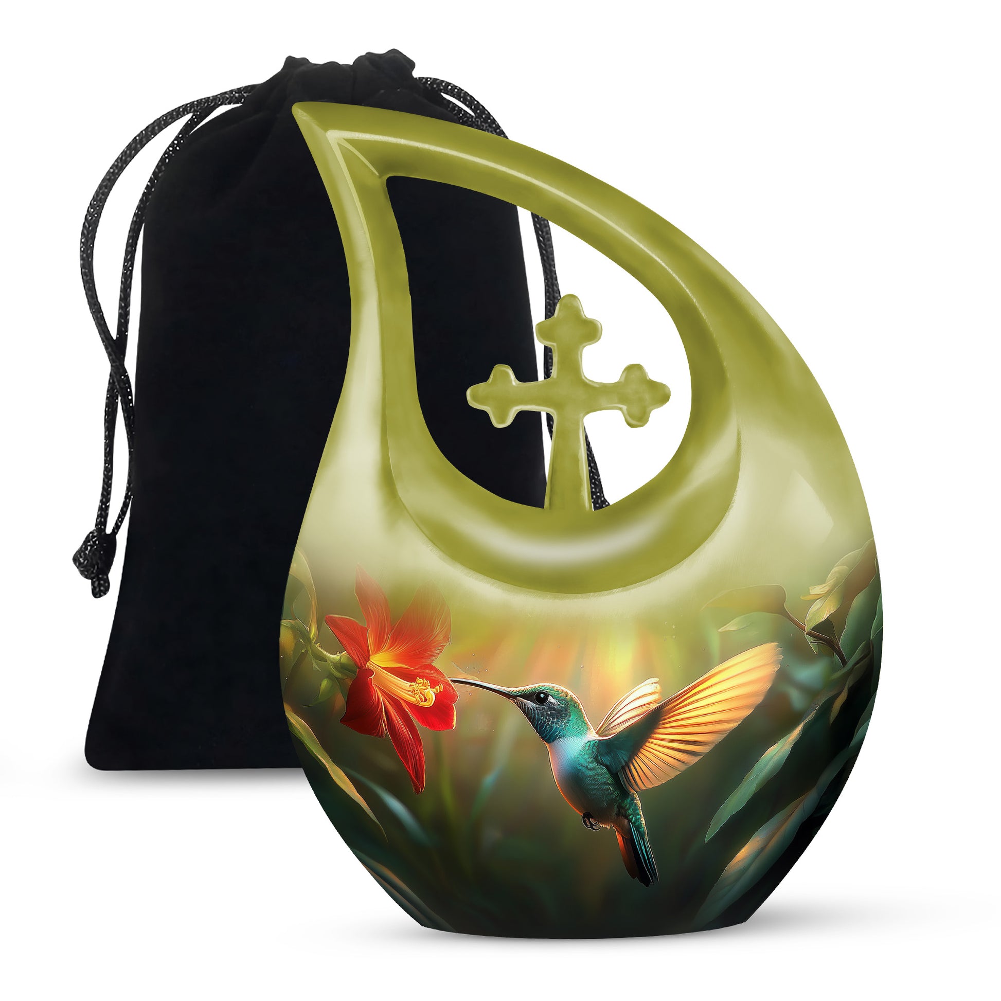 Gilded Gold Hummingbird Cremation Urn top-down view of secure threaded lid - sacred cross merged with hummingbird motif on metal - full-size 10 inch 200 cubic inch adult cremation urn