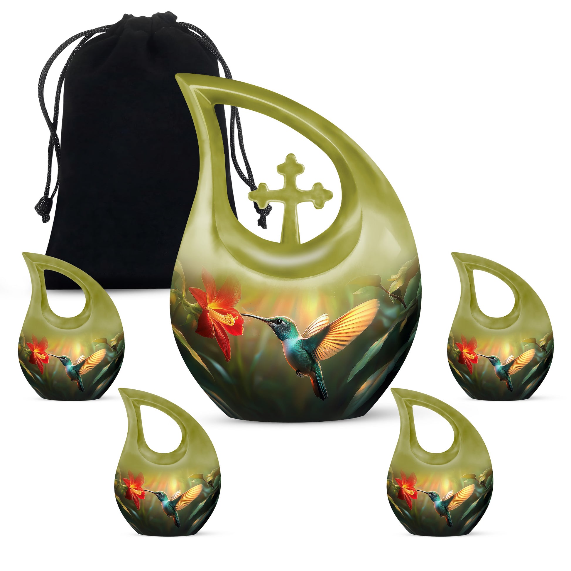 Harvest Gold Hummingbird Cremation Urn urn with complimentary velvet bag - faith-inspired cross-drop urn with hummingbird pattern - memorial set with one large and four small urns