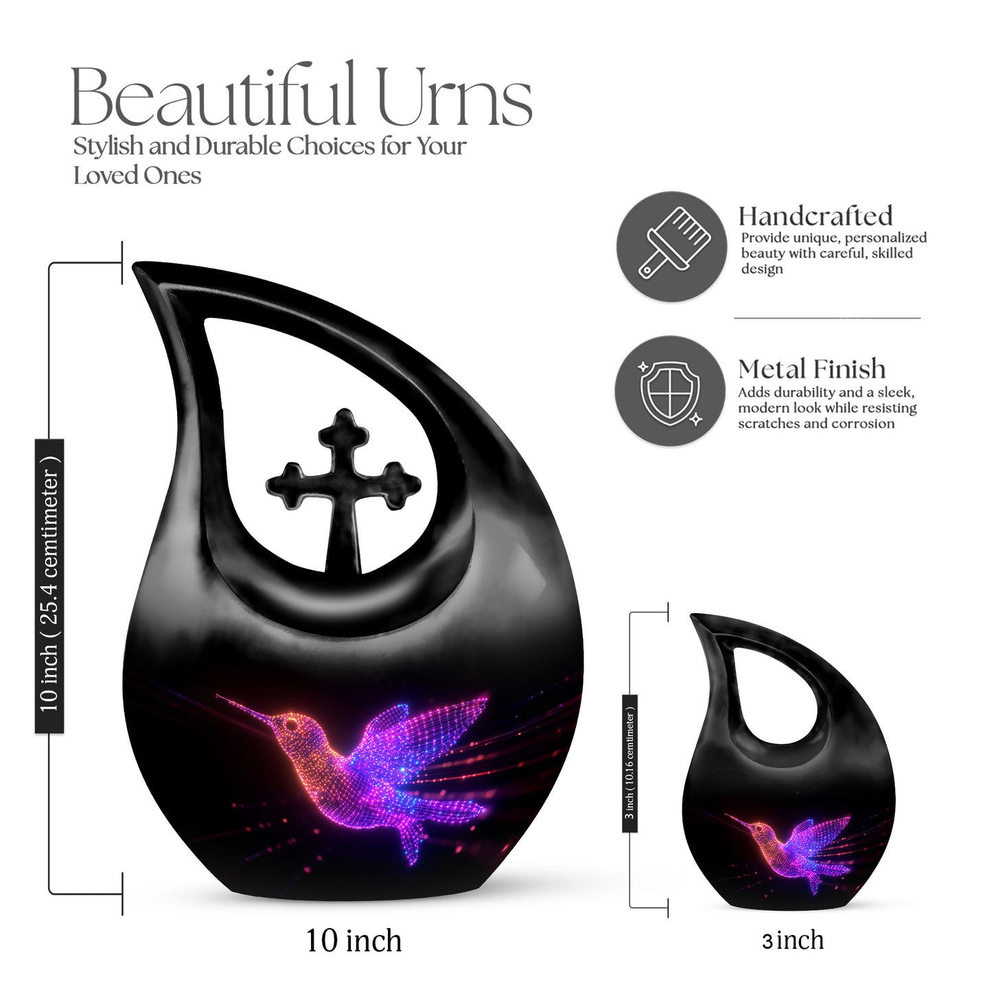 Ebony Hummingbird Cremation Urn back view with polished surface - cross and hummingbird combined in spiritual memorial design - mini keepsake memorial for portion of cremation ashes
