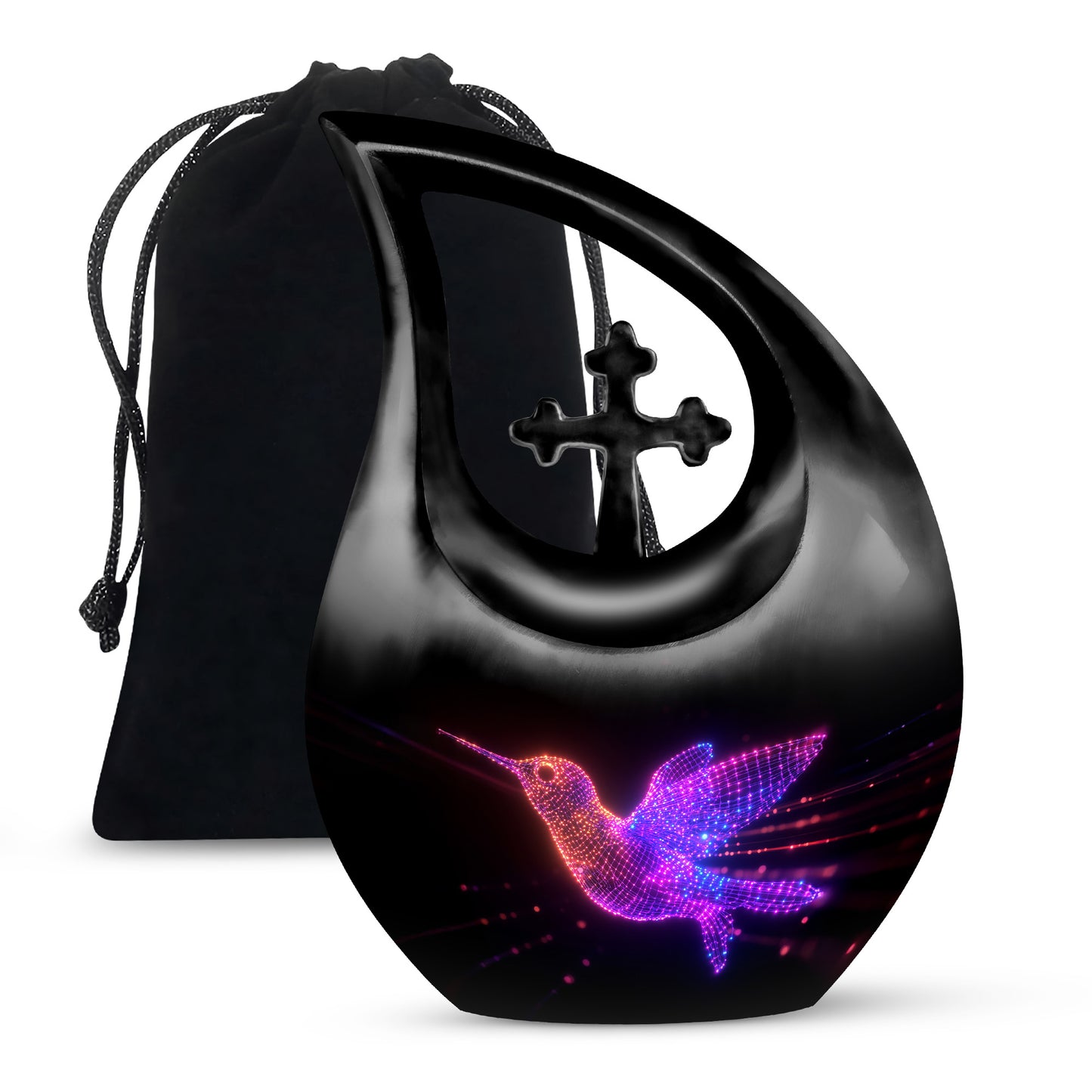 Obsidian Black Hummingbird Cremation Urn top-down view of secure threaded lid - faith-inspired cross-drop urn with hummingbird pattern - full-size 10 inch 200 cubic inch adult cremation urn