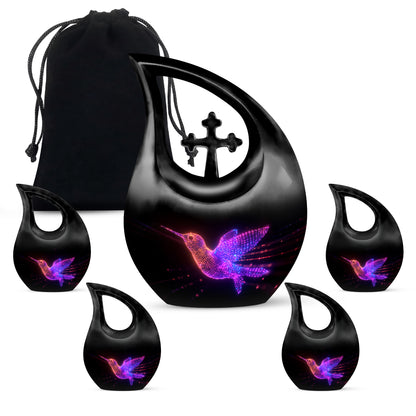 Midnight Black Hummingbird Cremation Urn urn with complimentary velvet bag - faith-inspired cross-drop urn with hummingbird pattern - memorial set with one large and four small urns