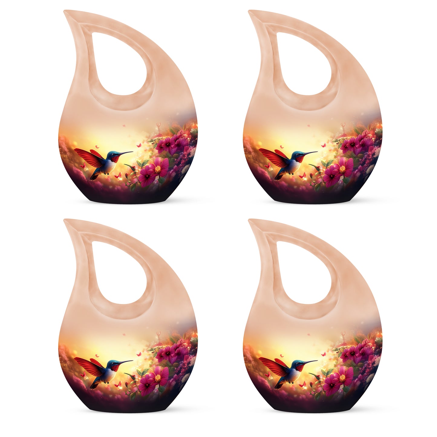 Amber Gold Hummingbird Cremation Urn lifestyle display on memorial shelf - cross and hummingbird combined in spiritual memorial design - 10 inch aluminum urn for cremated remains