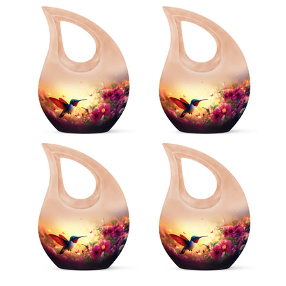 Amber Gold Hummingbird Cremation Urn lifestyle display on memorial shelf - cross and hummingbird combined in spiritual memorial design - 10 inch aluminum urn for cremated remains