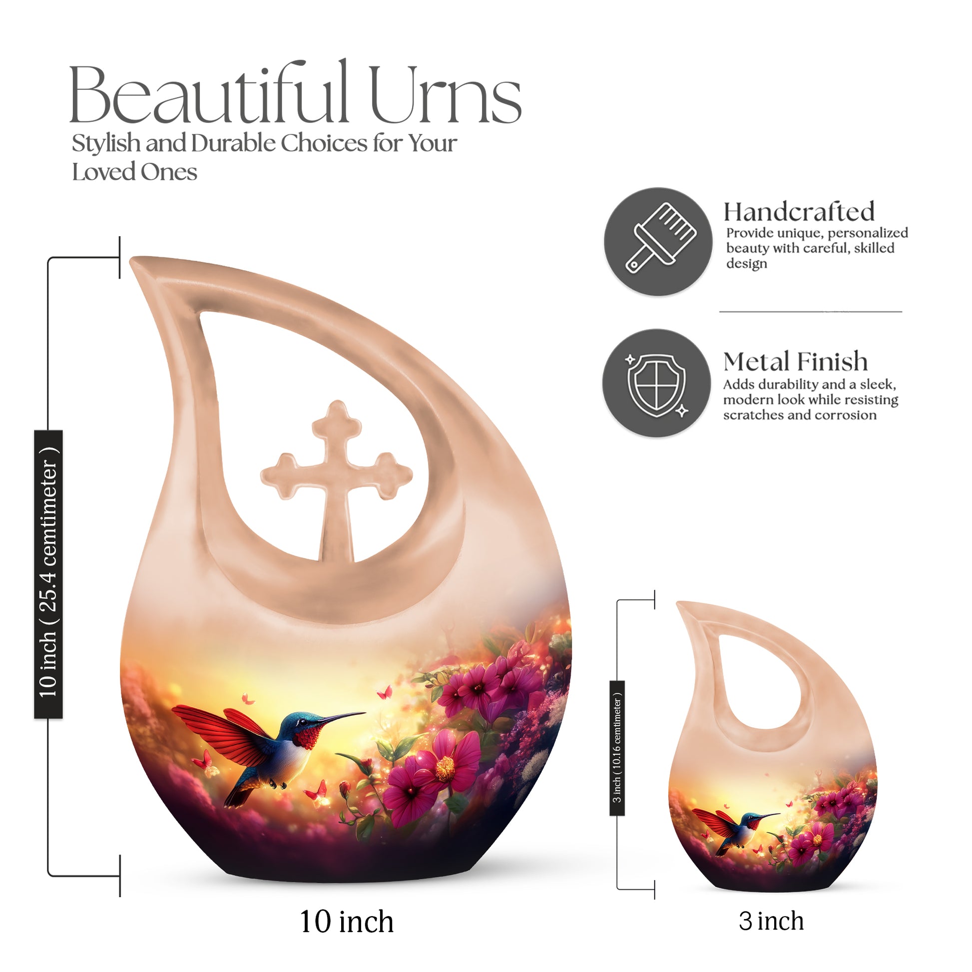 Champagne Gold Hummingbird Cremation Urn back view with polished surface - sacred cross merged with hummingbird motif on metal - mini keepsake memorial for portion of cremation ashes