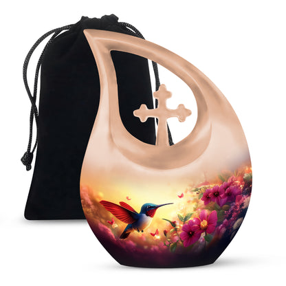 Sunrise Gold Hummingbird Cremation Urn top-down view of secure threaded lid - cross and hummingbird combined in spiritual memorial design - full-size 10 inch 200 cubic inch adult cremation urn