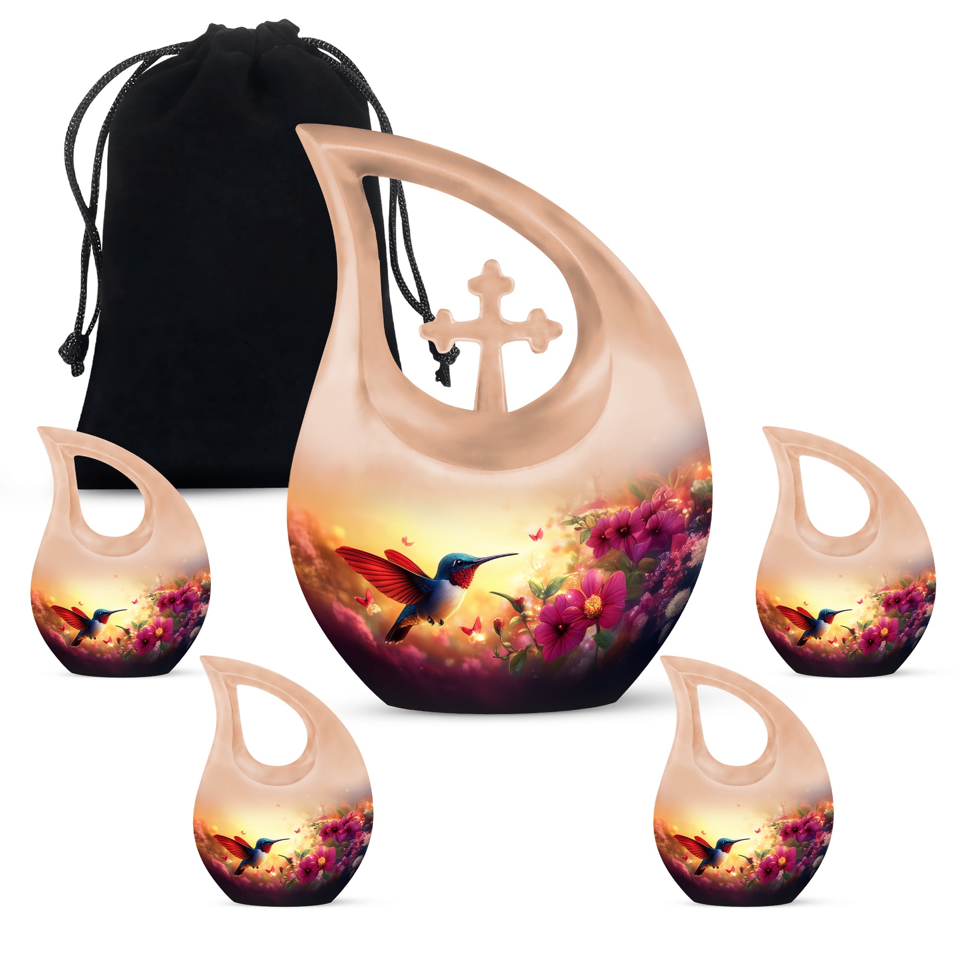 Champagne Gold Hummingbird Cremation Urn urn with complimentary velvet bag - sacred cross merged with hummingbird motif on metal - memorial set with one large and four small urns