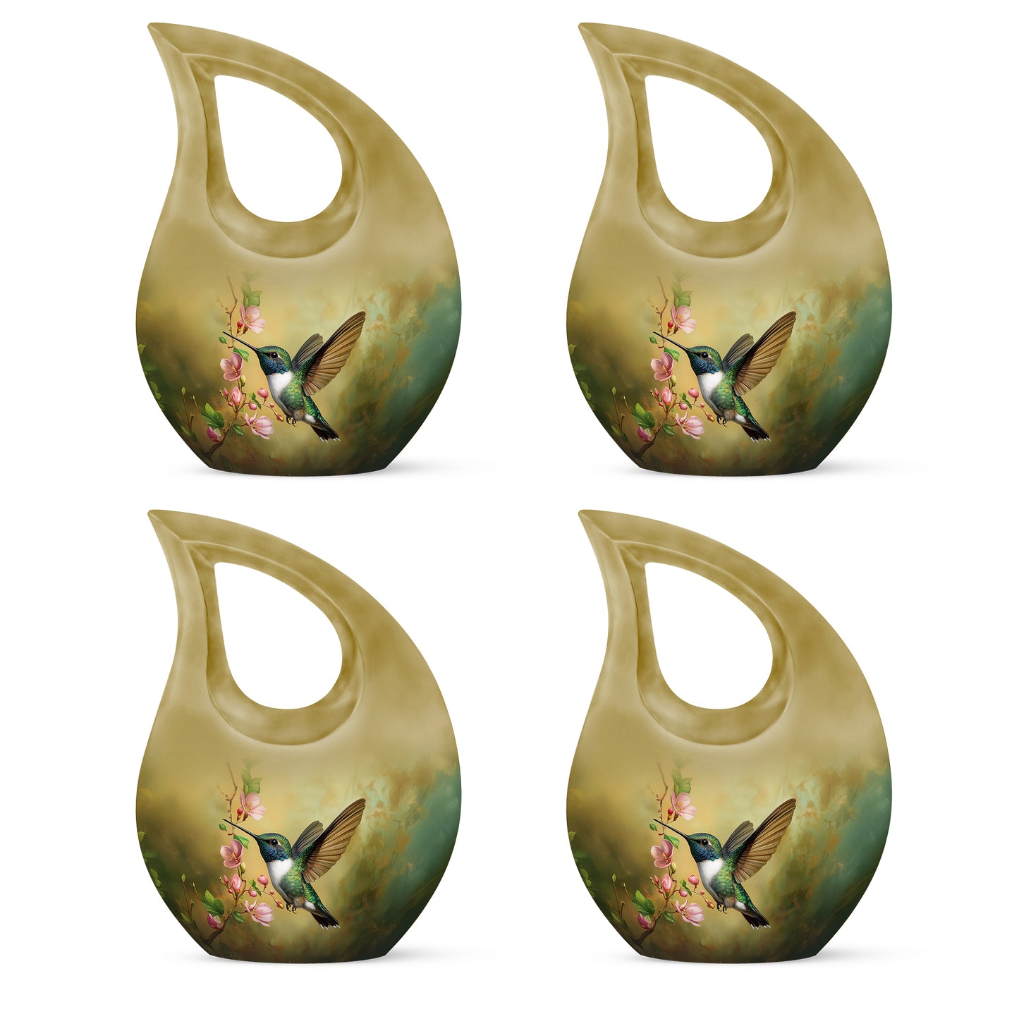 Burnished Gold Hummingbird Cremation Urn lifestyle display on memorial shelf - devotional cross-drop hummingbird engraving - 10 inch aluminum urn for cremated remains