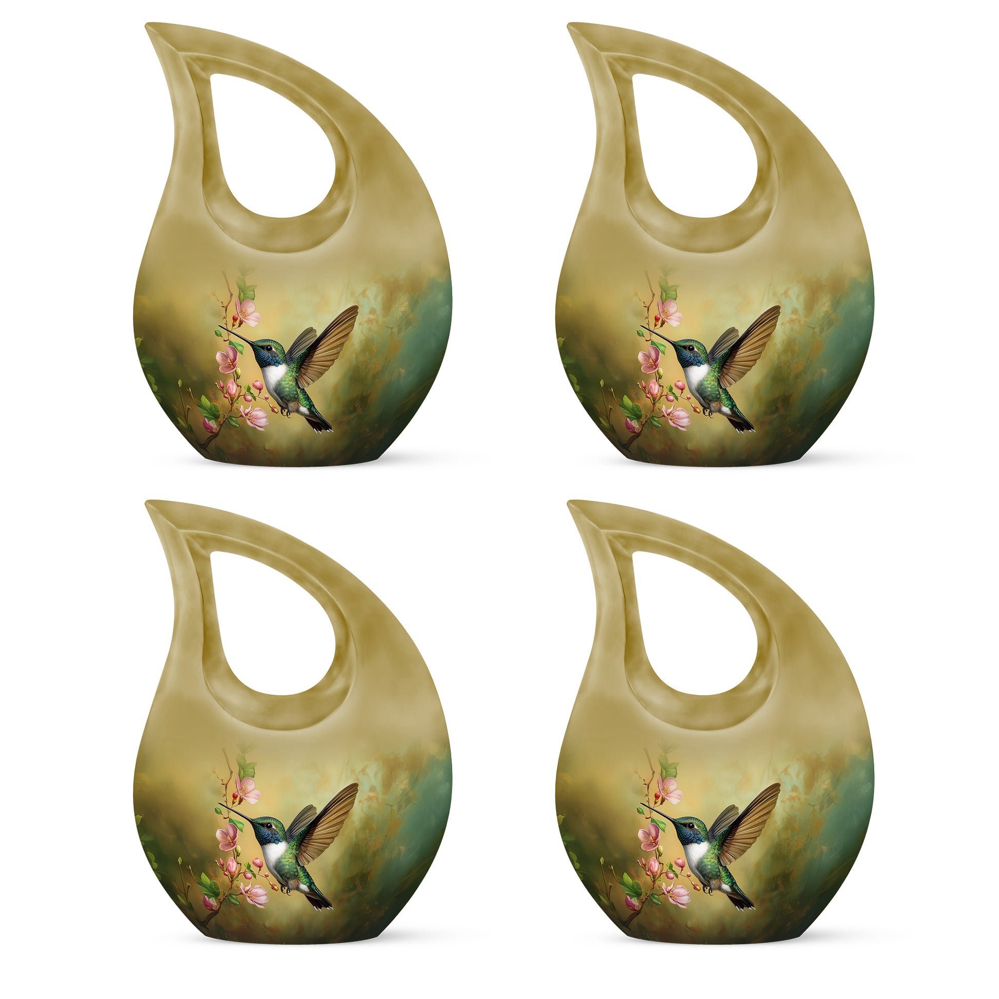 Burnished Gold Hummingbird Cremation Urn lifestyle display on memorial shelf - devotional cross-drop hummingbird engraving - 10 inch aluminum urn for cremated remains