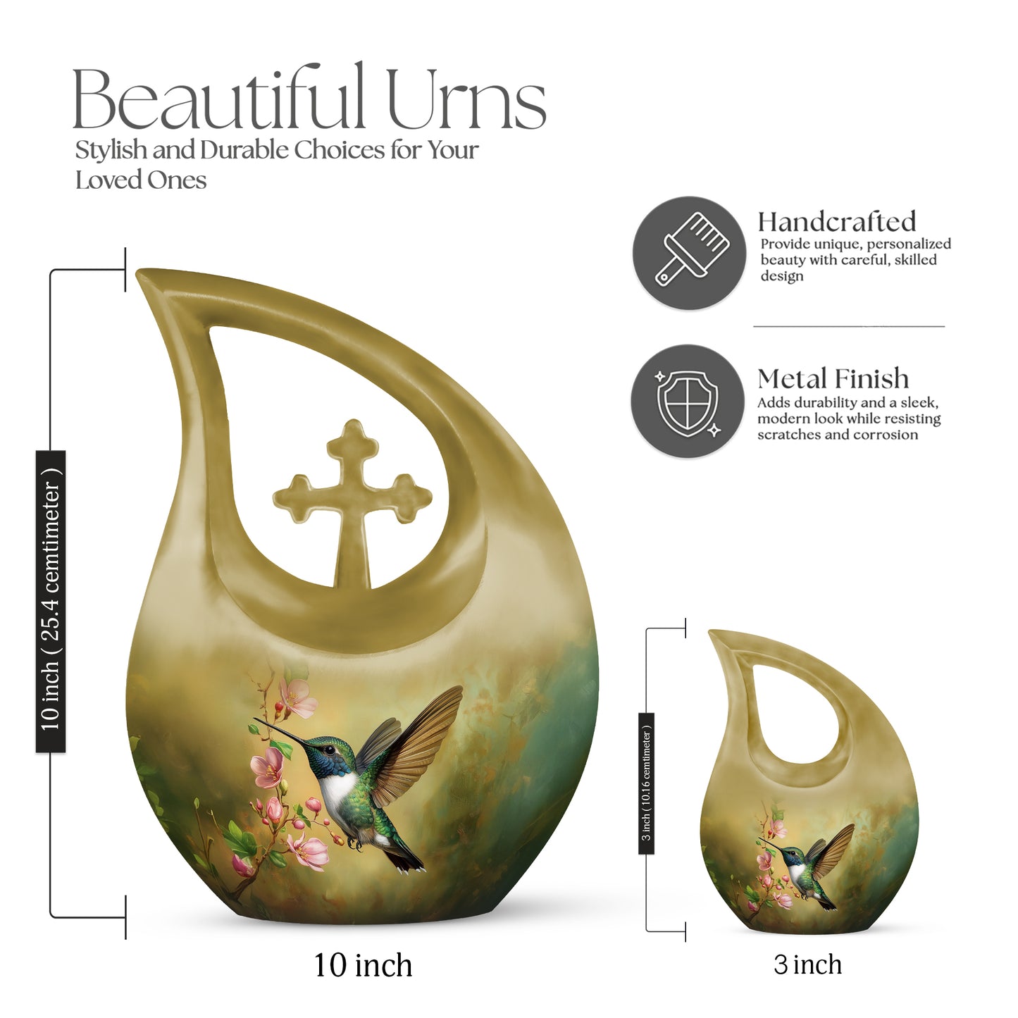 Gilded Gold Hummingbird Cremation Urn back view with polished surface - sacred cross merged with hummingbird motif on metal - mini keepsake memorial for portion of cremation ashes