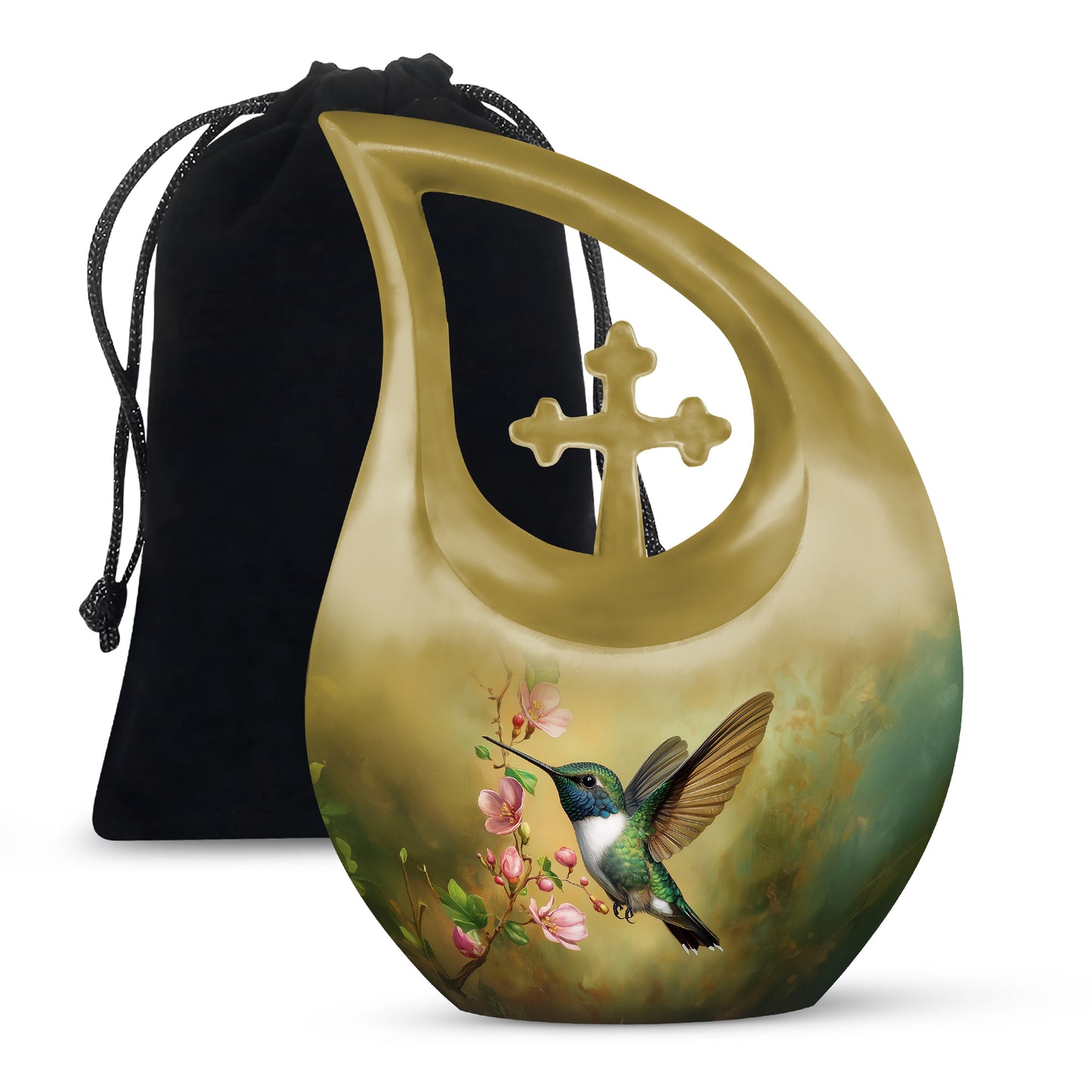 Antique Gold Hummingbird Cremation Urn top-down view of secure threaded lid - cross and hummingbird combined in spiritual memorial design - full-size 10 inch 200 cubic inch adult cremation urn