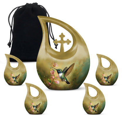 Antique Gold Hummingbird Cremation Urn urn with complimentary velvet bag - sacred cross merged with hummingbird motif on metal - memorial set with one large and four small urns