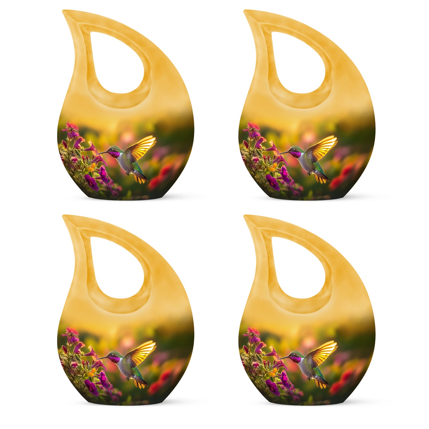 Harvest Gold Hummingbird Cremation Urn lifestyle display on memorial shelf - faith-inspired cross-drop urn with hummingbird pattern - 10 inch aluminum urn for cremated remains