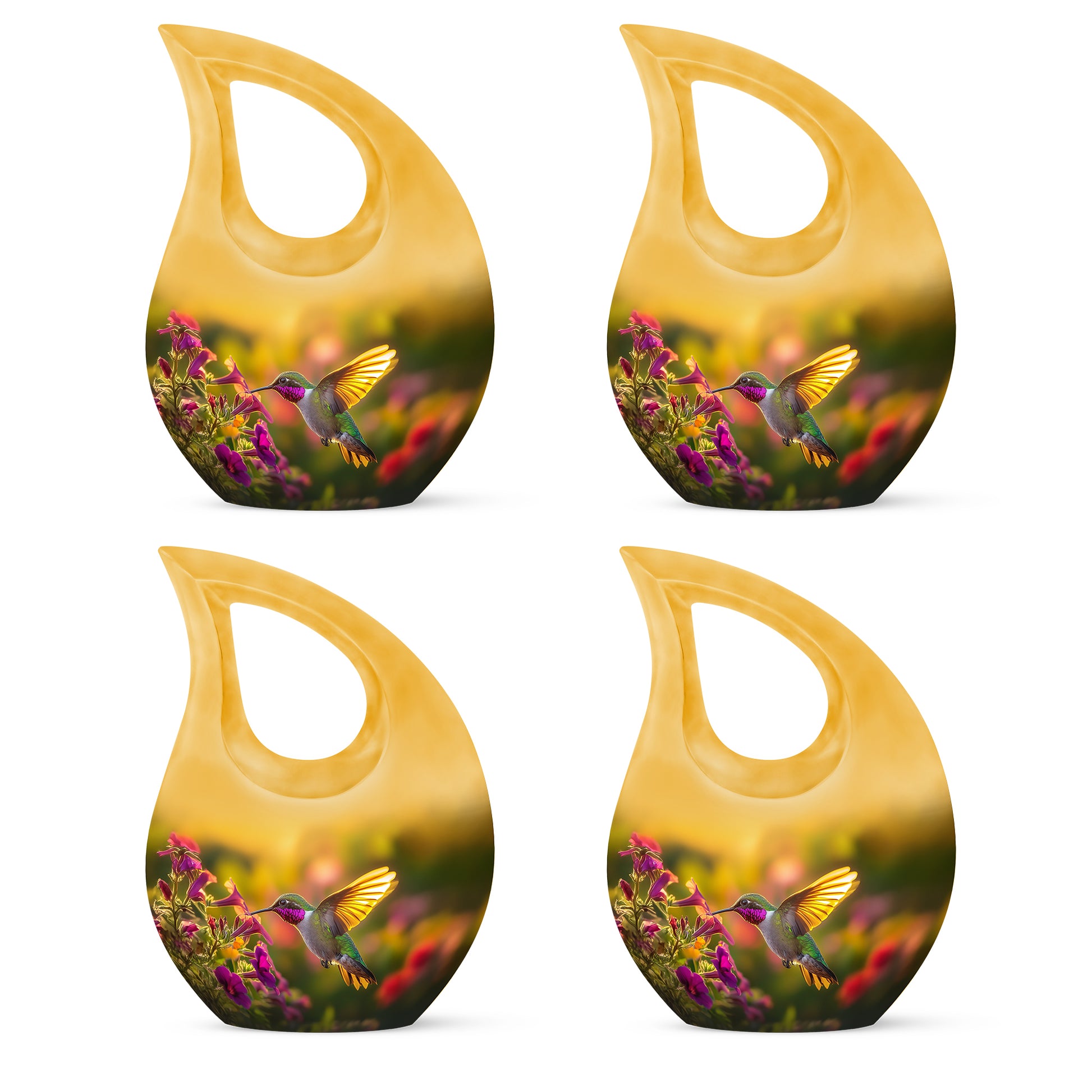 Harvest Gold Hummingbird Cremation Urn lifestyle display on memorial shelf - faith-inspired cross-drop urn with hummingbird pattern - 10 inch aluminum urn for cremated remains