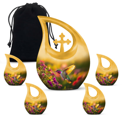 Royal Gold Hummingbird Cremation Urn urn with complimentary velvet bag - faith-inspired cross-drop urn with hummingbird pattern - memorial set with one large and four small urns