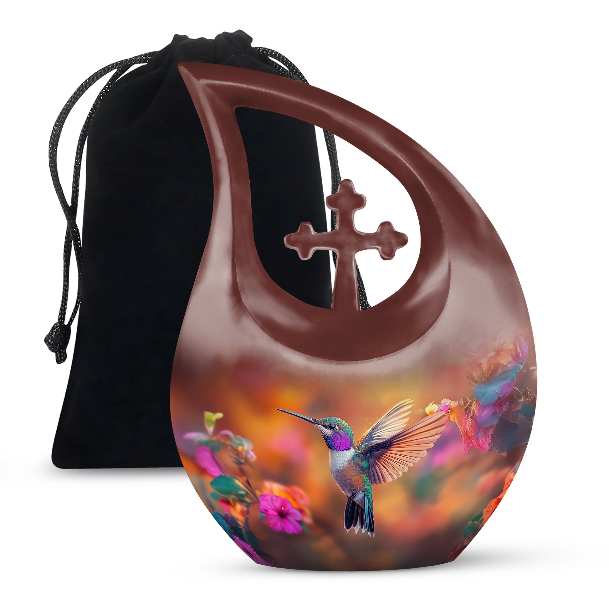 Gilded Gold Hummingbird Cremation Urn top-down view of secure threaded lid - sacred cross merged with hummingbird motif on metal - full-size 10 inch 200 cubic inch adult cremation urn