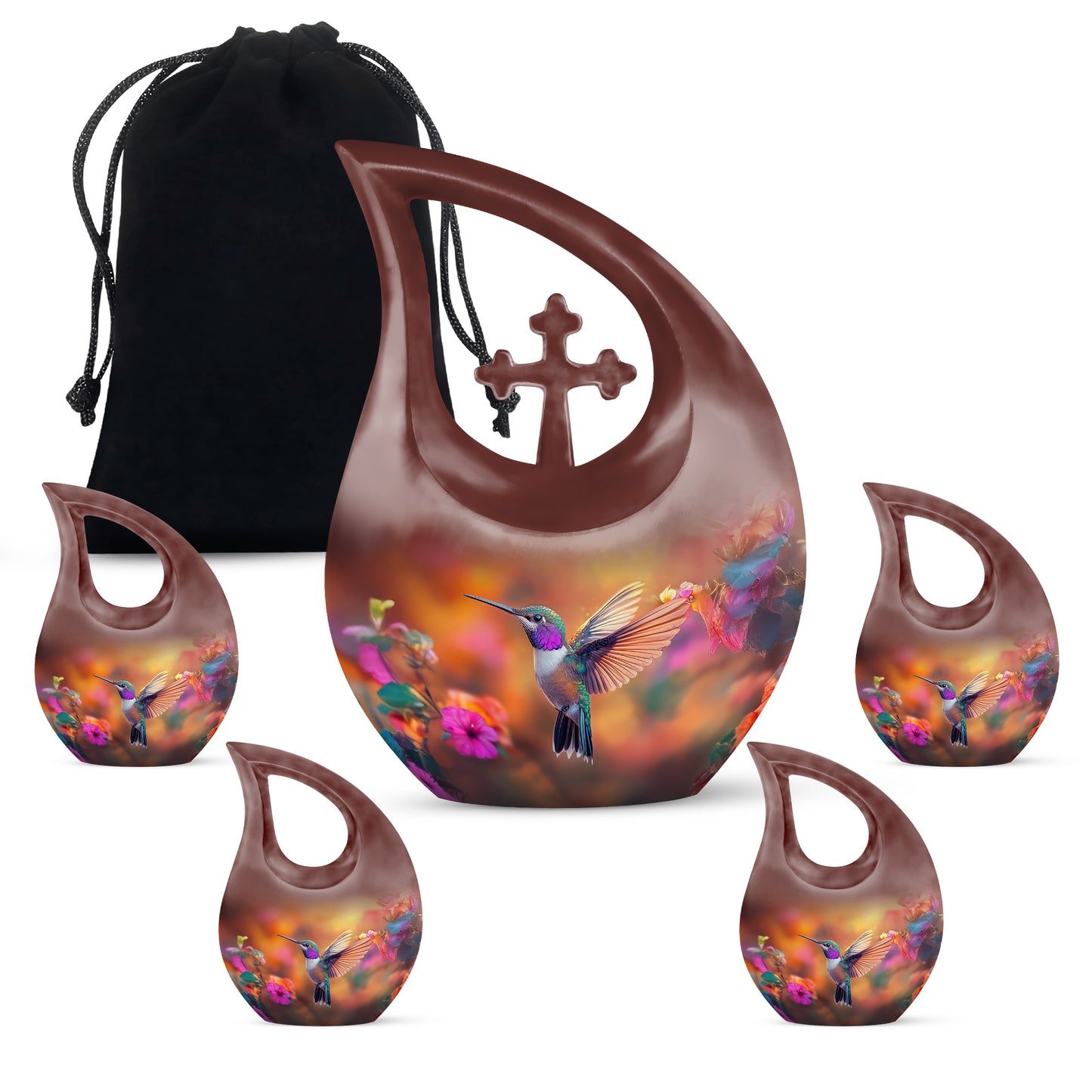 Amber Gold Hummingbird Cremation Urn urn with complimentary velvet bag - sacred cross merged with hummingbird motif on metal - memorial set with one large and four small urns