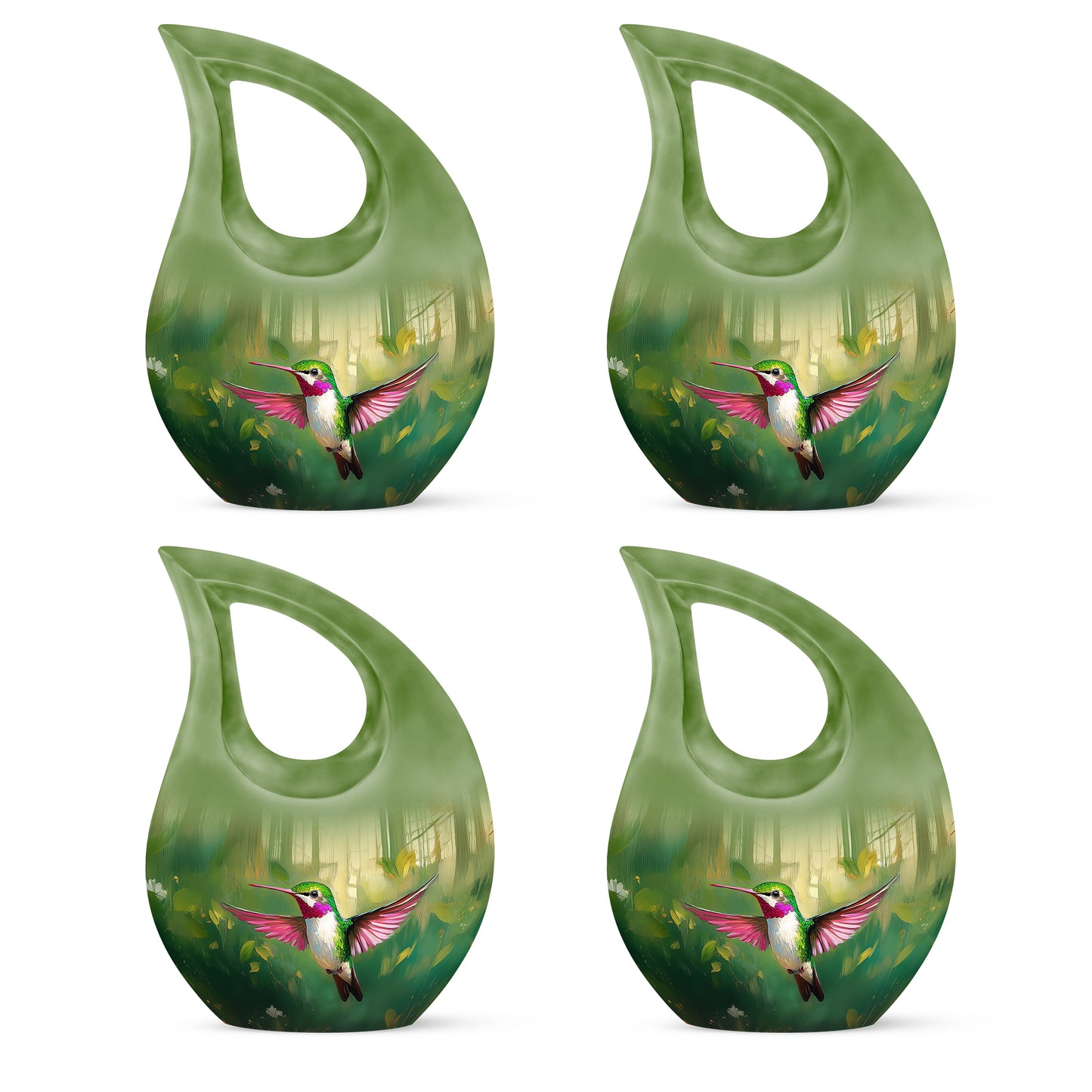 Mint Green Hummingbird Cremation Urn lifestyle display on memorial shelf - faith-inspired cross-drop urn with hummingbird pattern - 10 inch aluminum urn for cremated remains