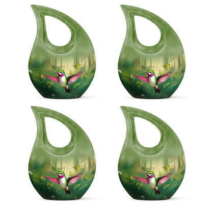 Mint Green Hummingbird Cremation Urn lifestyle display on memorial shelf - faith-inspired cross-drop urn with hummingbird pattern - 10 inch aluminum urn for cremated remains