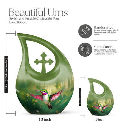 Forest Green Hummingbird Cremation Urn back view with polished surface - devotional cross-drop hummingbird engraving - mini keepsake memorial for portion of cremation ashes