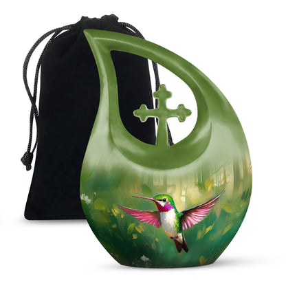 Forest Green Hummingbird Cremation Urn top-down view of secure threaded lid - devotional cross-drop hummingbird engraving - full-size 10 inch 200 cubic inch adult cremation urn