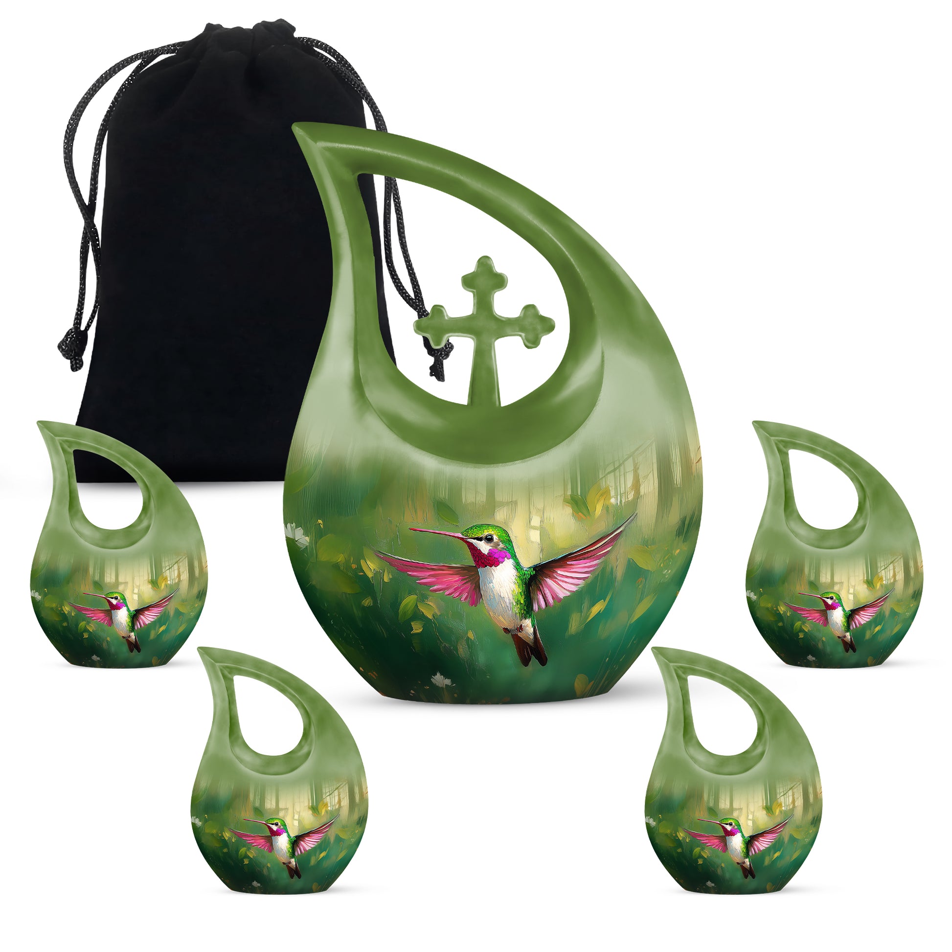 Jade Green Hummingbird Cremation Urn urn with complimentary velvet bag - cross and hummingbird combined in spiritual memorial design - memorial set with one large and four small urns