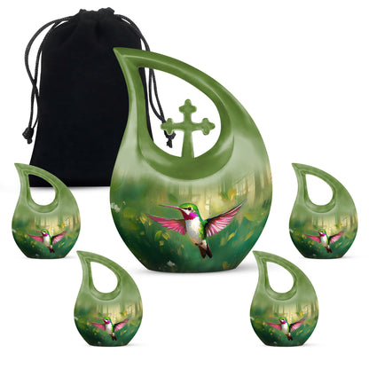 Jade Green Hummingbird Cremation Urn urn with complimentary velvet bag - cross and hummingbird combined in spiritual memorial design - memorial set with one large and four small urns