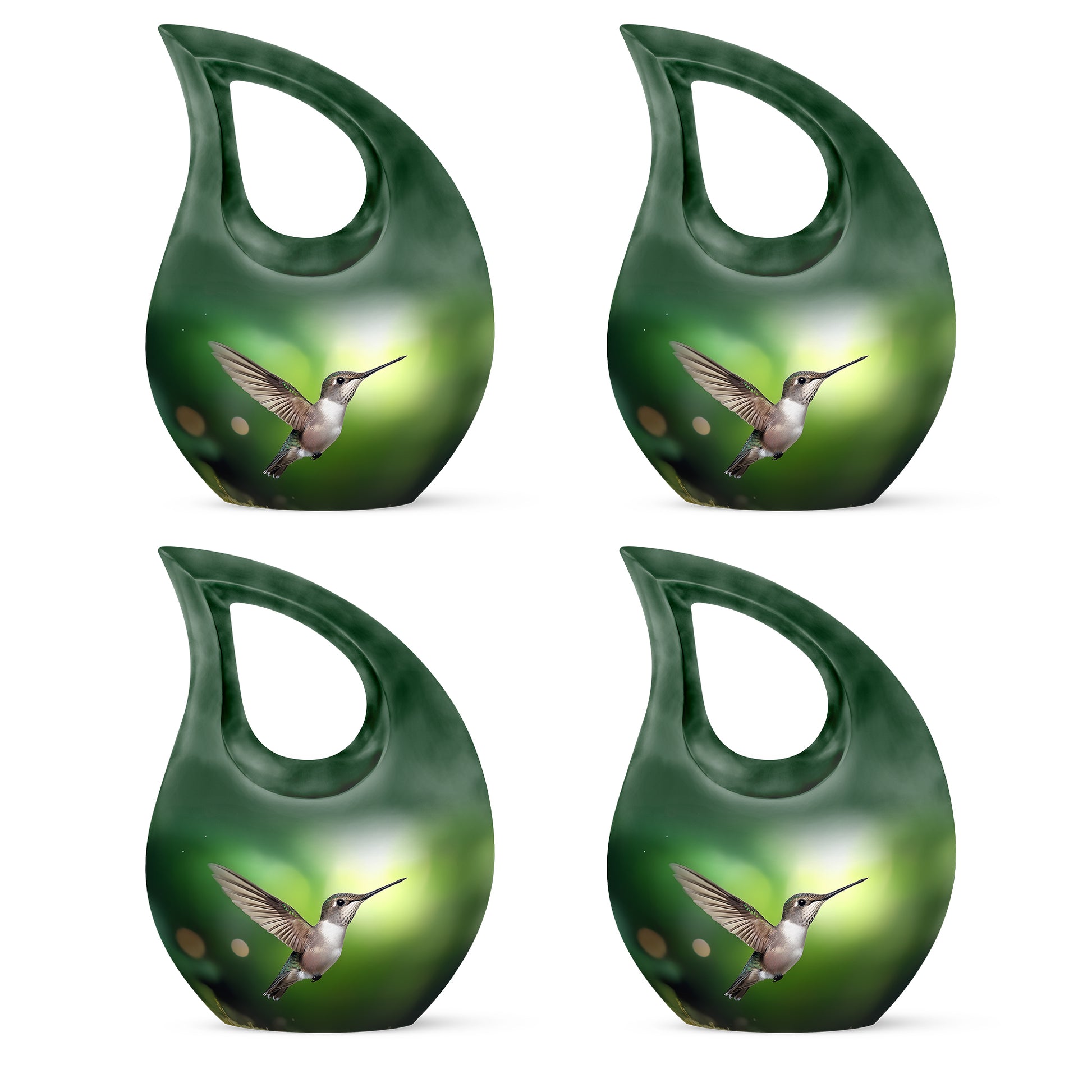 Olive Green Hummingbird Cremation Urn lifestyle display on memorial shelf - faith-inspired cross-drop urn with hummingbird pattern - 10 inch aluminum urn for cremated remains