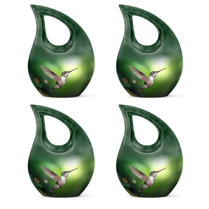 Olive Green Hummingbird Cremation Urn lifestyle display on memorial shelf - faith-inspired cross-drop urn with hummingbird pattern - 10 inch aluminum urn for cremated remains