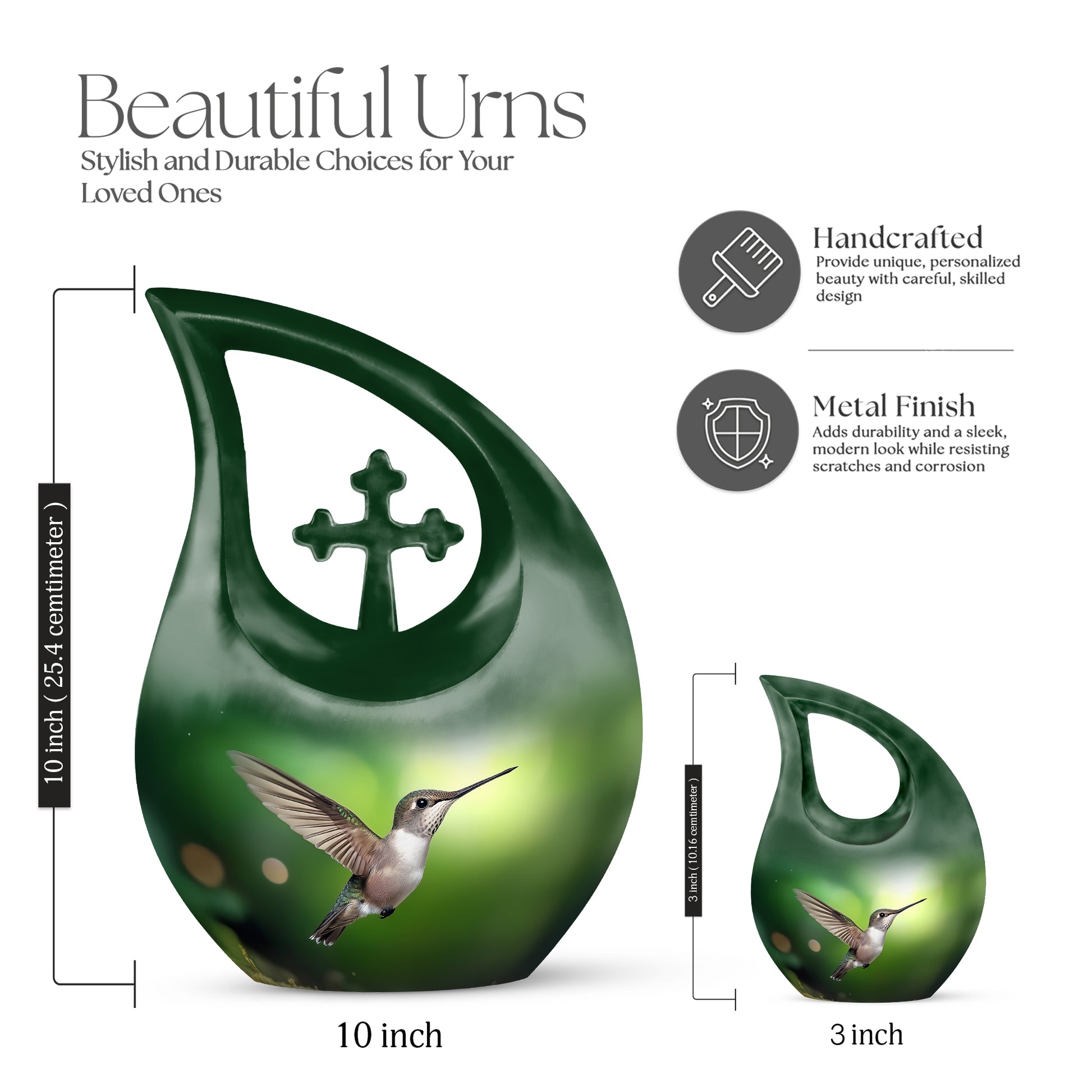 Olive Green Hummingbird Cremation Urn back view with polished surface - devotional cross-drop hummingbird engraving - mini keepsake memorial for portion of cremation ashes