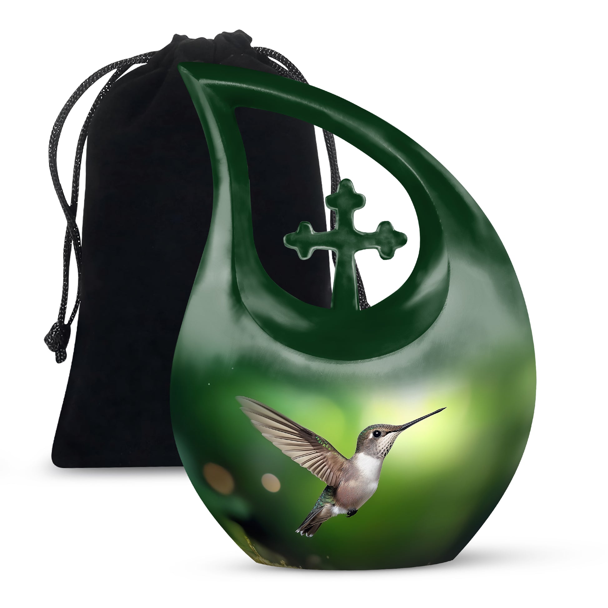 Moss Green Hummingbird Cremation Urn top-down view of secure threaded lid - sacred cross merged with hummingbird motif on metal - full-size 10 inch 200 cubic inch adult cremation urn