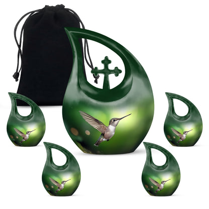 Moss Green Hummingbird Cremation Urn urn with complimentary velvet bag - cross and hummingbird combined in spiritual memorial design - memorial set with one large and four small urns