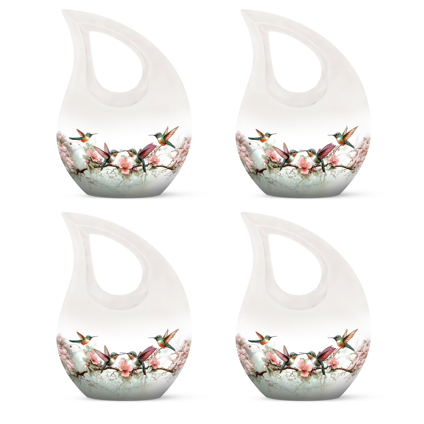 Brushed Silver Hummingbird Cremation Urn lifestyle display on memorial shelf - cross and hummingbird combined in spiritual memorial design - 10 inch aluminum urn for cremated remains