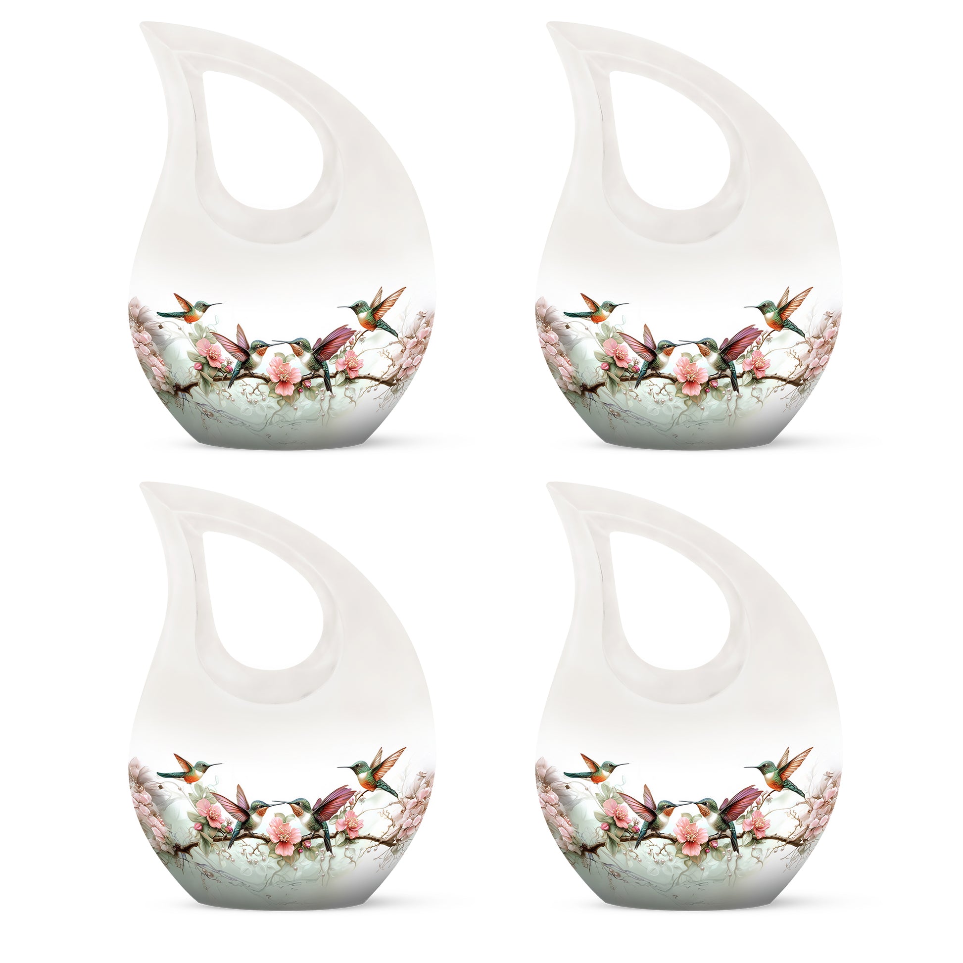 Brushed Silver Hummingbird Cremation Urn lifestyle display on memorial shelf - cross and hummingbird combined in spiritual memorial design - 10 inch aluminum urn for cremated remains
