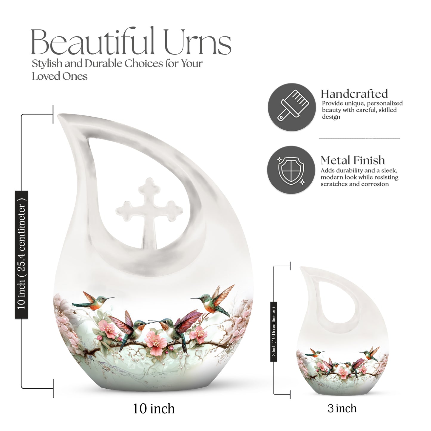 Polished Silver Hummingbird Cremation Urn back view with polished surface - devotional cross-drop hummingbird engraving - mini keepsake memorial for portion of cremation ashes