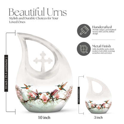 Polished Silver Hummingbird Cremation Urn back view with polished surface - devotional cross-drop hummingbird engraving - mini keepsake memorial for portion of cremation ashes
