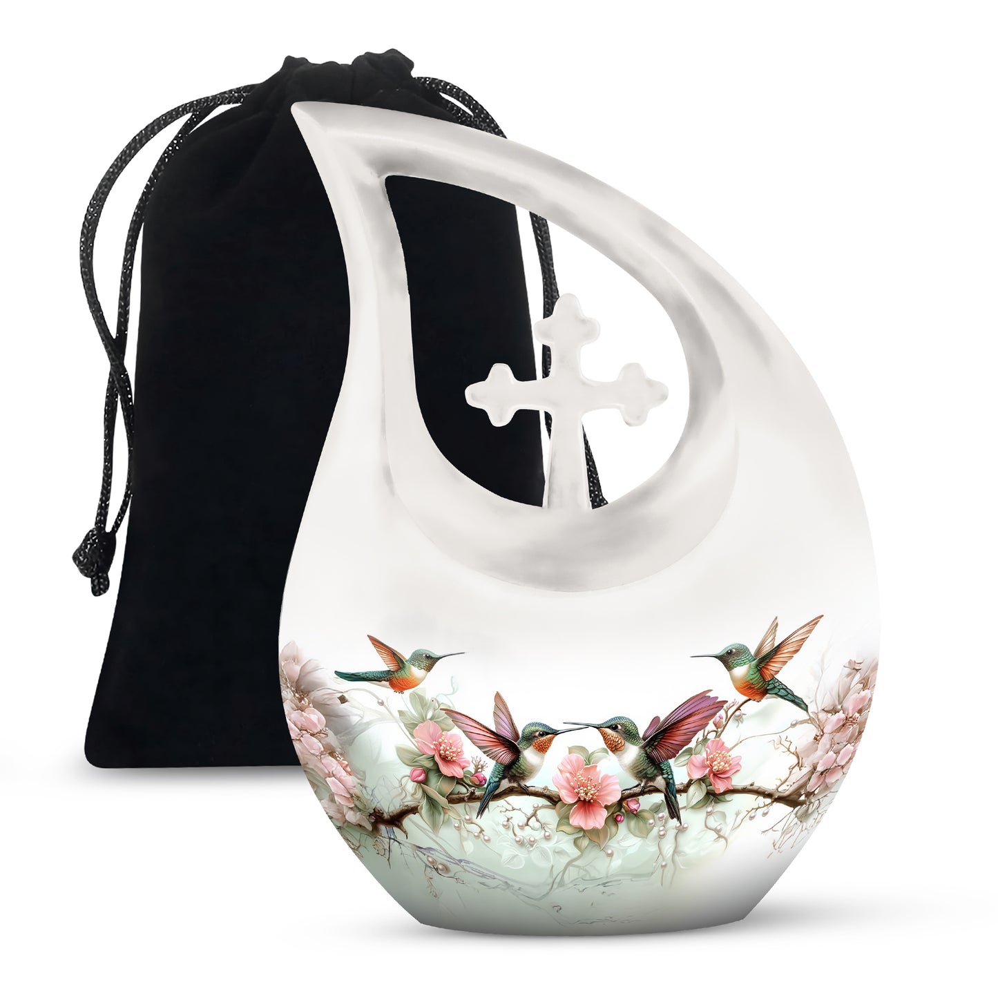 Frosted Silver Hummingbird Cremation Urn top-down view of secure threaded lid - faith-inspired cross-drop urn with hummingbird pattern - full-size 10 inch 200 cubic inch adult cremation urn