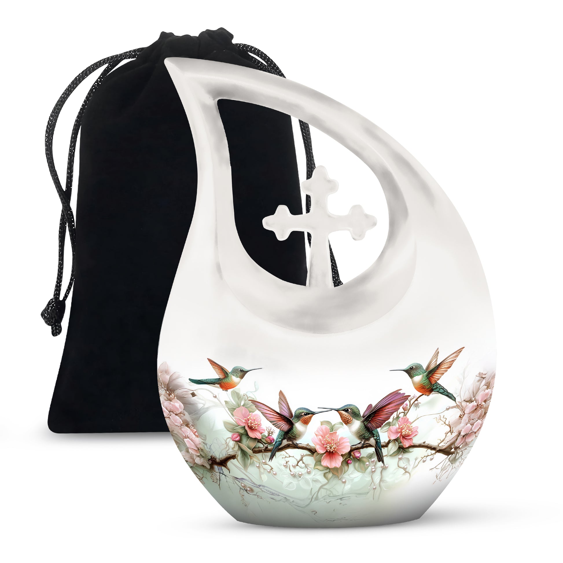 Frosted Silver Hummingbird Cremation Urn top-down view of secure threaded lid - faith-inspired cross-drop urn with hummingbird pattern - full-size 10 inch 200 cubic inch adult cremation urn