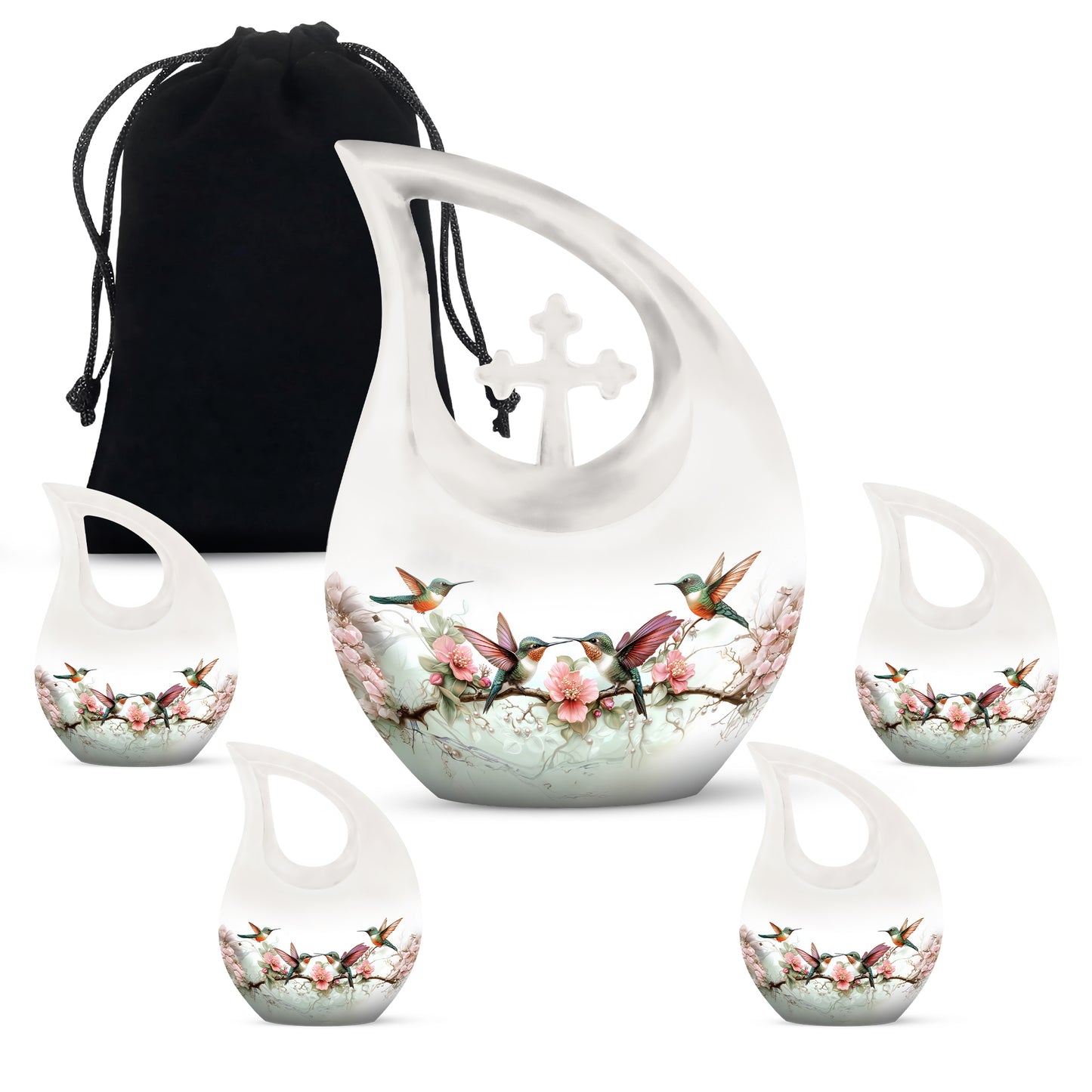 Chrome Silver Hummingbird Cremation Urn urn with complimentary velvet bag - faith-inspired cross-drop urn with hummingbird pattern - memorial set with one large and four small urns
