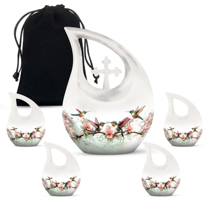 Chrome Silver Hummingbird Cremation Urn urn with complimentary velvet bag - faith-inspired cross-drop urn with hummingbird pattern - memorial set with one large and four small urns