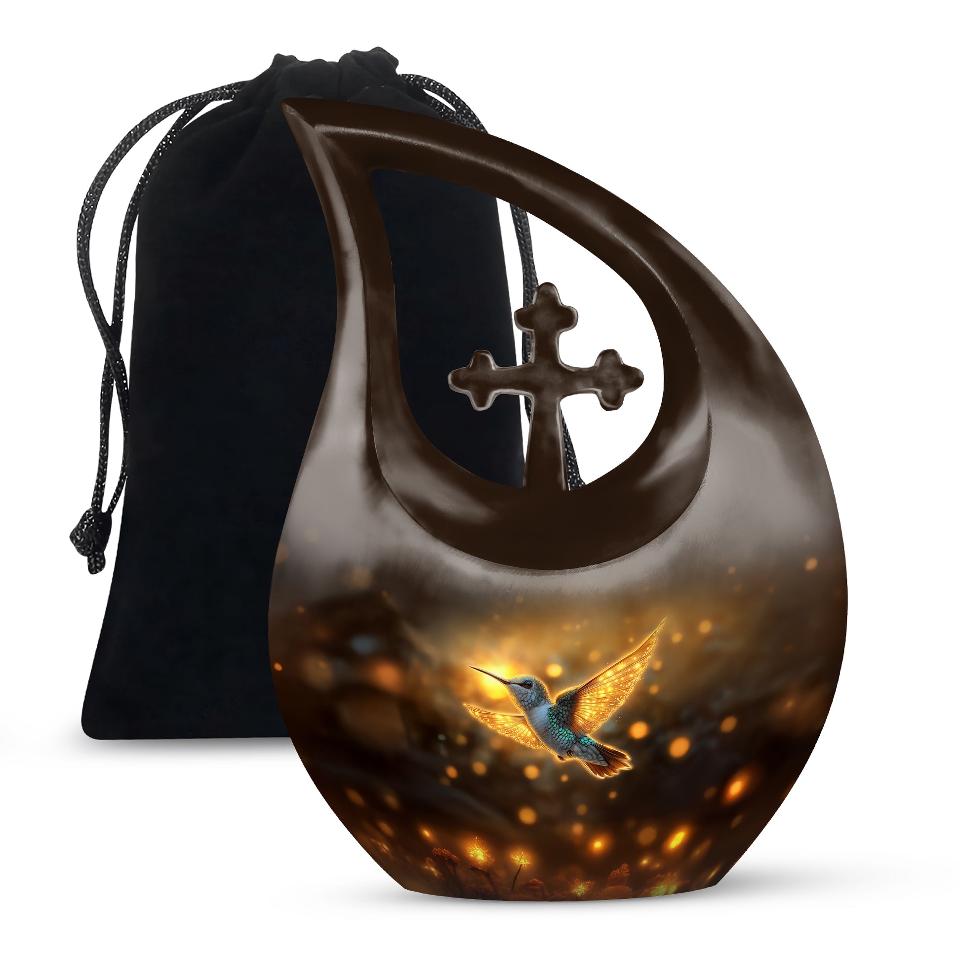 Amber Gold Hummingbird Cremation Urn top-down view of secure threaded lid - cross and hummingbird combined in spiritual memorial design - full-size 10 inch 200 cubic inch adult cremation urn