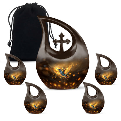 Amber Gold Hummingbird Cremation Urn urn with complimentary velvet bag - sacred cross merged with hummingbird motif on metal - memorial set with one large and four small urns