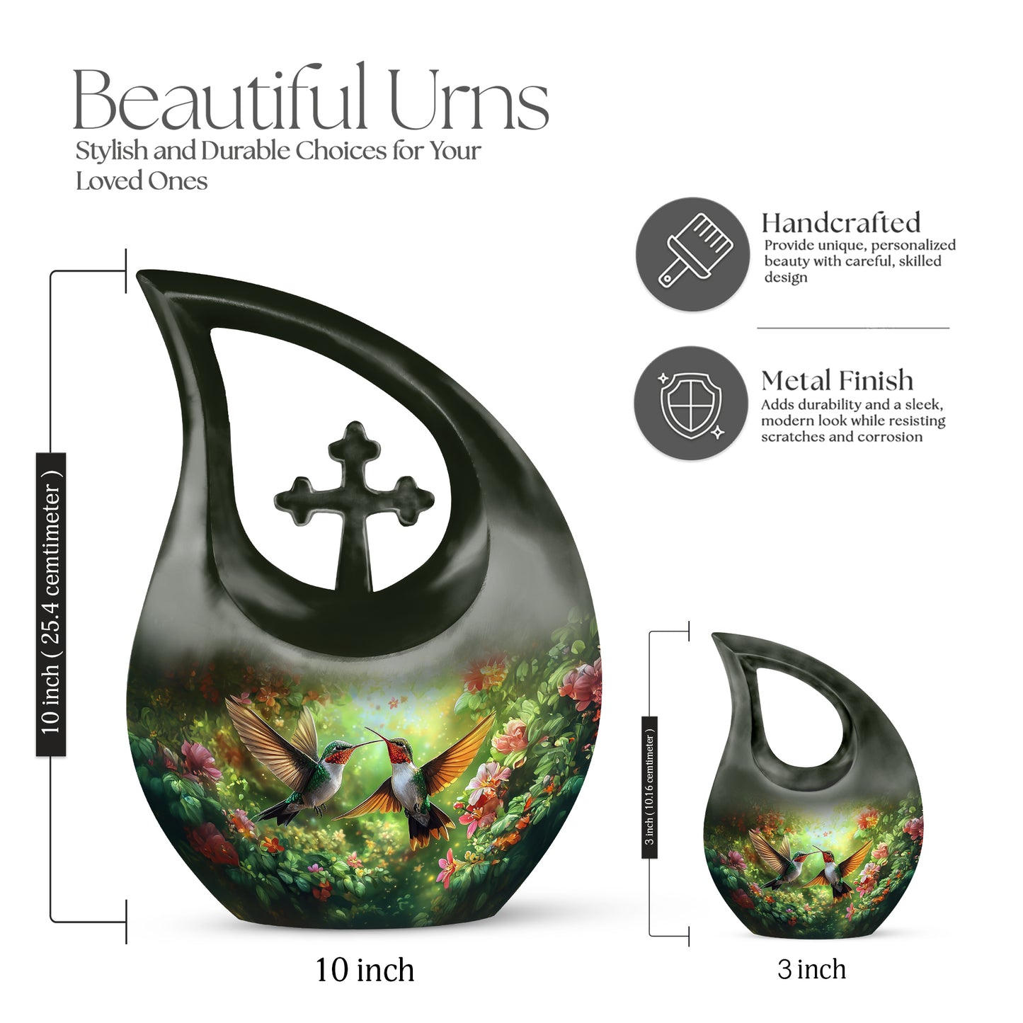 Lemon Yellow Hummingbird Cremation Urn back view with polished surface - faith-inspired cross-drop urn with hummingbird pattern - mini keepsake memorial for portion of cremation ashes