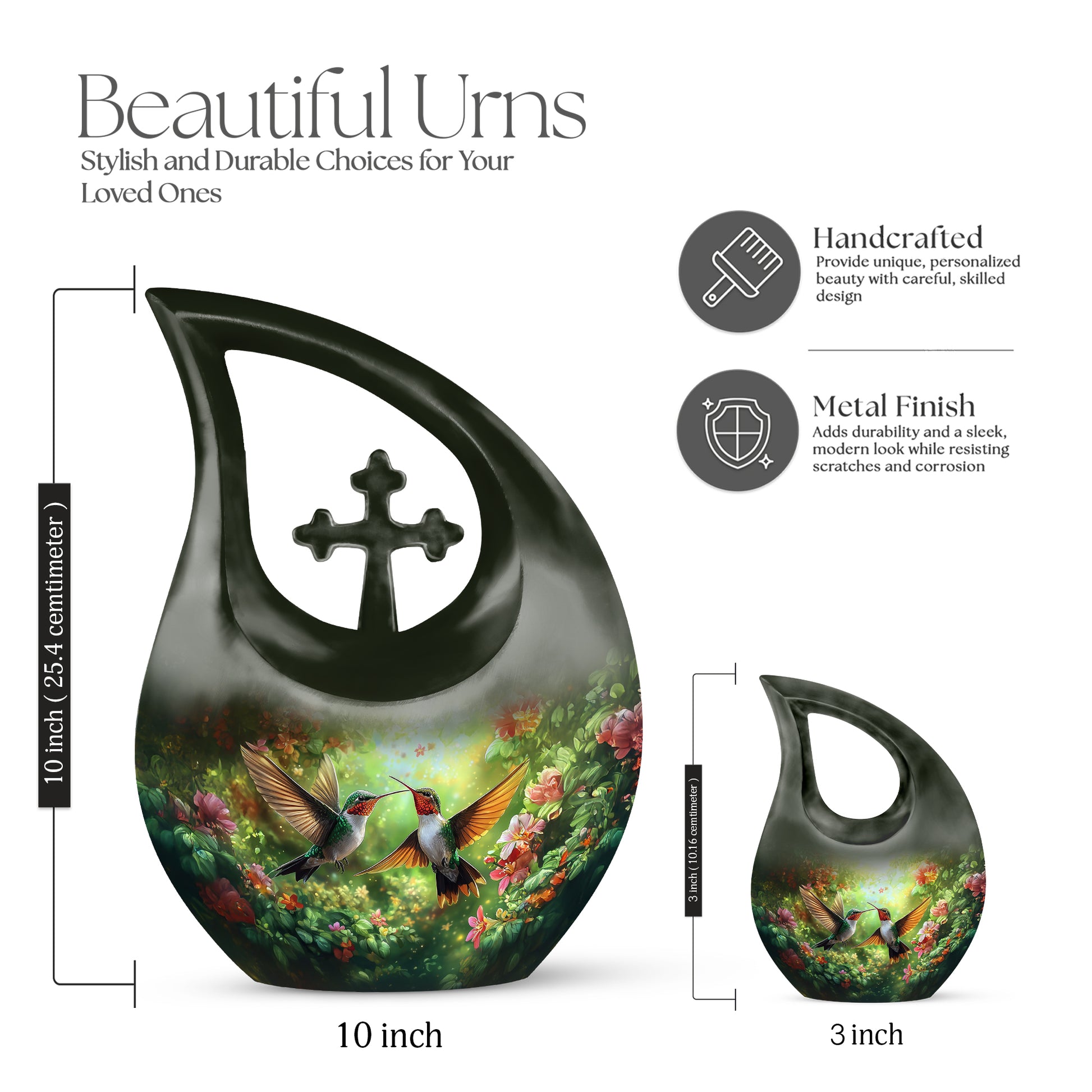 Lemon Yellow Hummingbird Cremation Urn back view with polished surface - faith-inspired cross-drop urn with hummingbird pattern - mini keepsake memorial for portion of cremation ashes