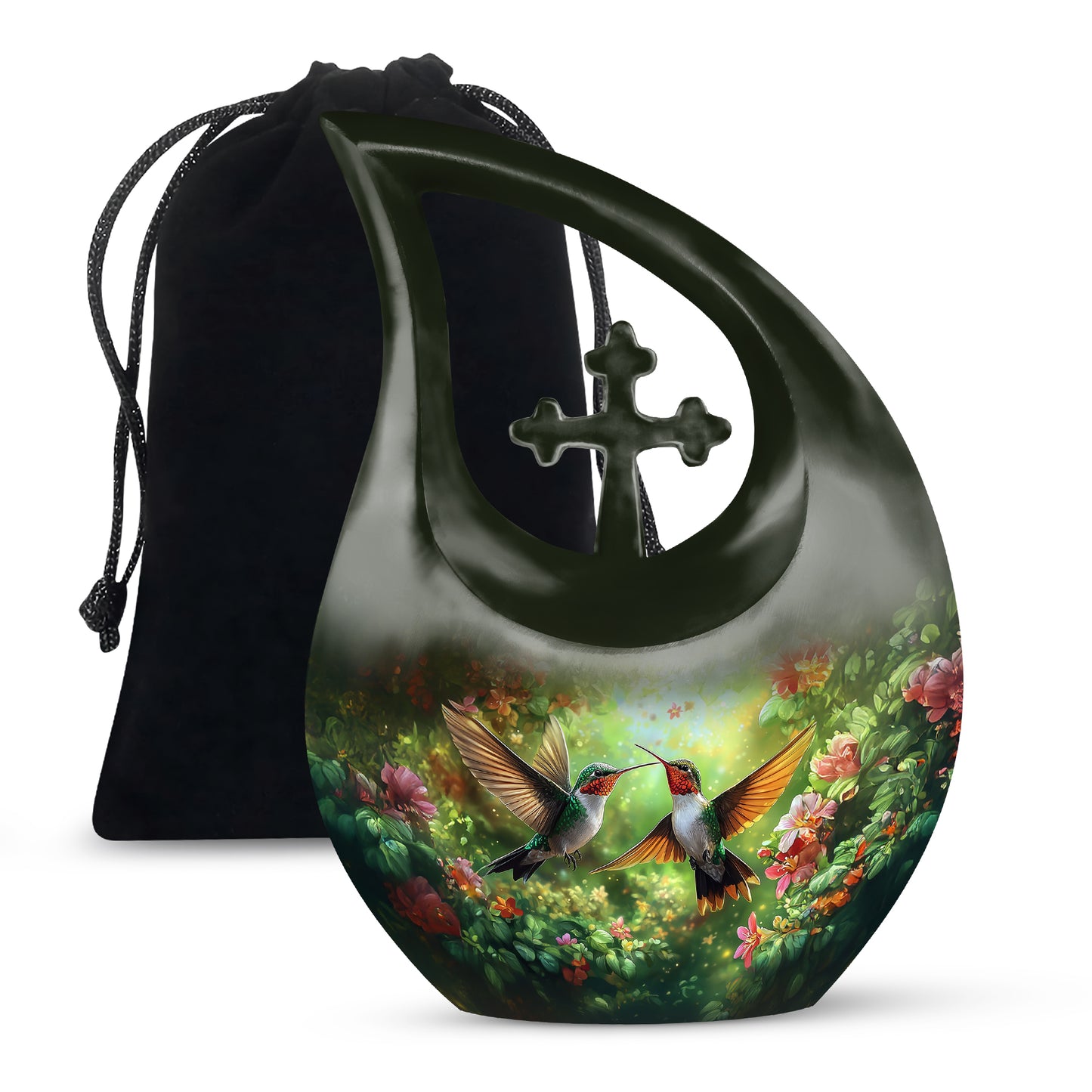 Harvest Yellow Hummingbird Cremation Urn top-down view of secure threaded lid - sacred cross merged with hummingbird motif on metal - full-size 10 inch 200 cubic inch adult cremation urn