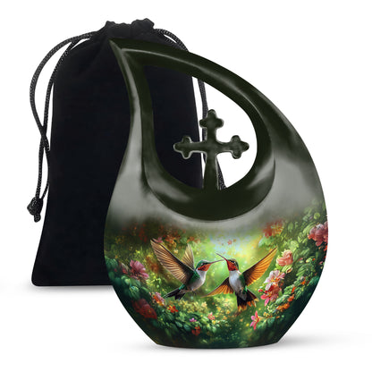 Harvest Yellow Hummingbird Cremation Urn top-down view of secure threaded lid - sacred cross merged with hummingbird motif on metal - full-size 10 inch 200 cubic inch adult cremation urn