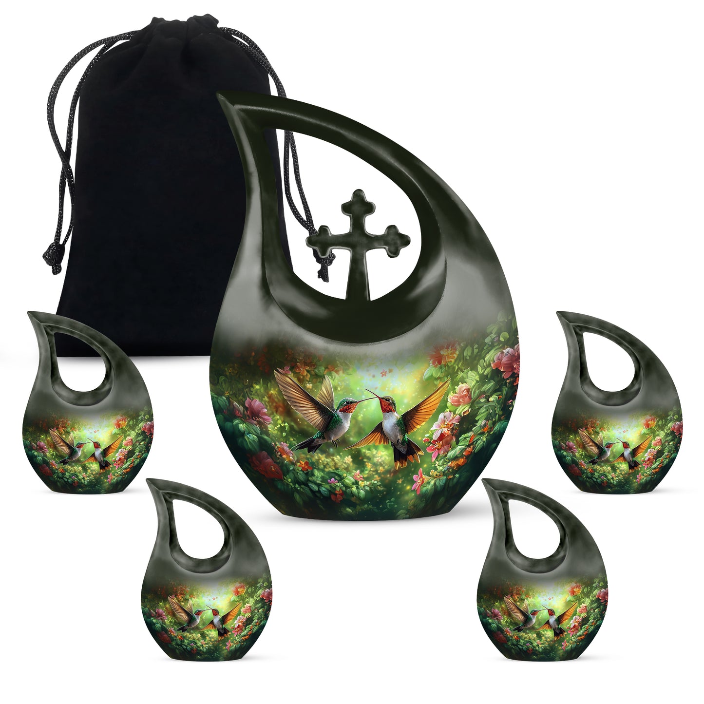 Honey Yellow Hummingbird Cremation Urn urn with complimentary velvet bag - faith-inspired cross-drop urn with hummingbird pattern - memorial set with one large and four small urns