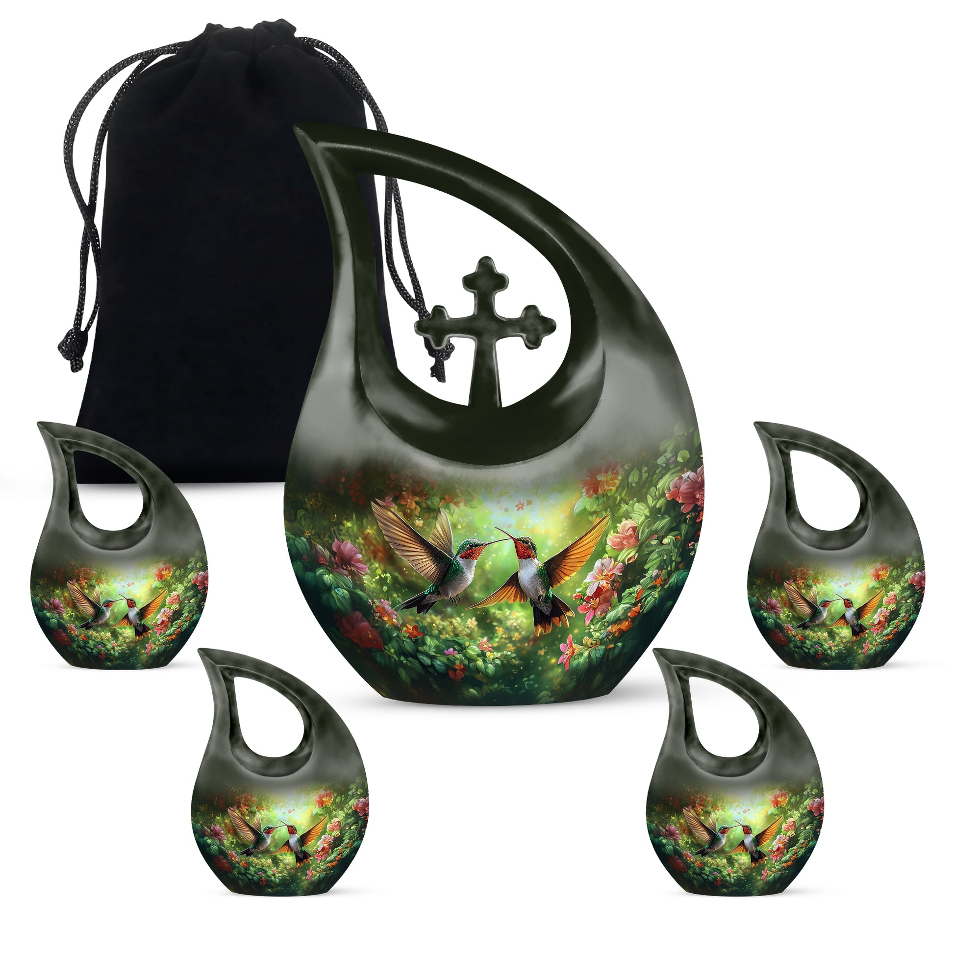 Honey Yellow Hummingbird Cremation Urn urn with complimentary velvet bag - faith-inspired cross-drop urn with hummingbird pattern - memorial set with one large and four small urns