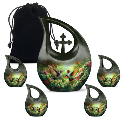 Honey Yellow Hummingbird Cremation Urn urn with complimentary velvet bag - faith-inspired cross-drop urn with hummingbird pattern - memorial set with one large and four small urns