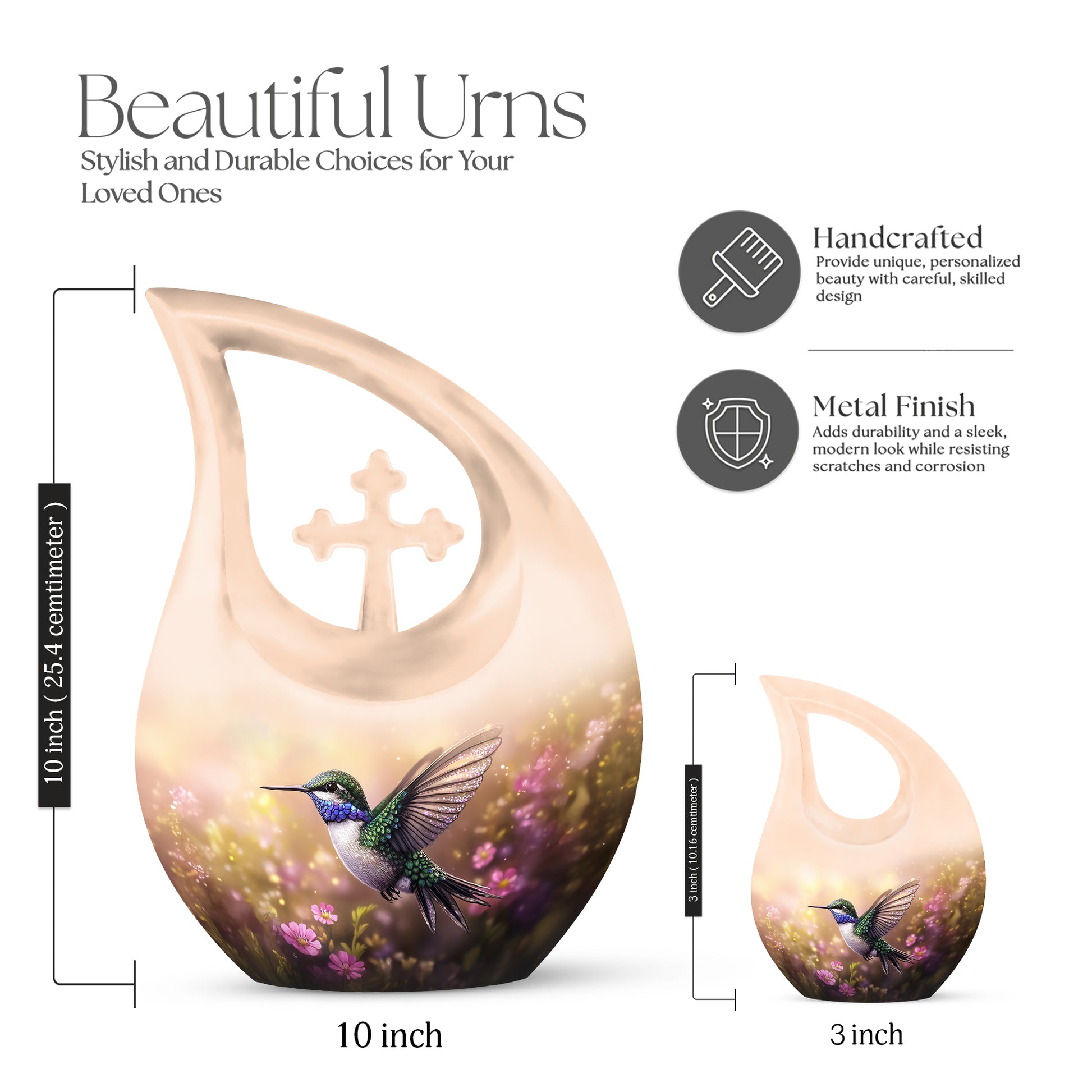 Champagne Gold Hummingbird Cremation Urn back view with polished surface - cross and hummingbird combined in spiritual memorial design - mini keepsake memorial for portion of cremation ashes