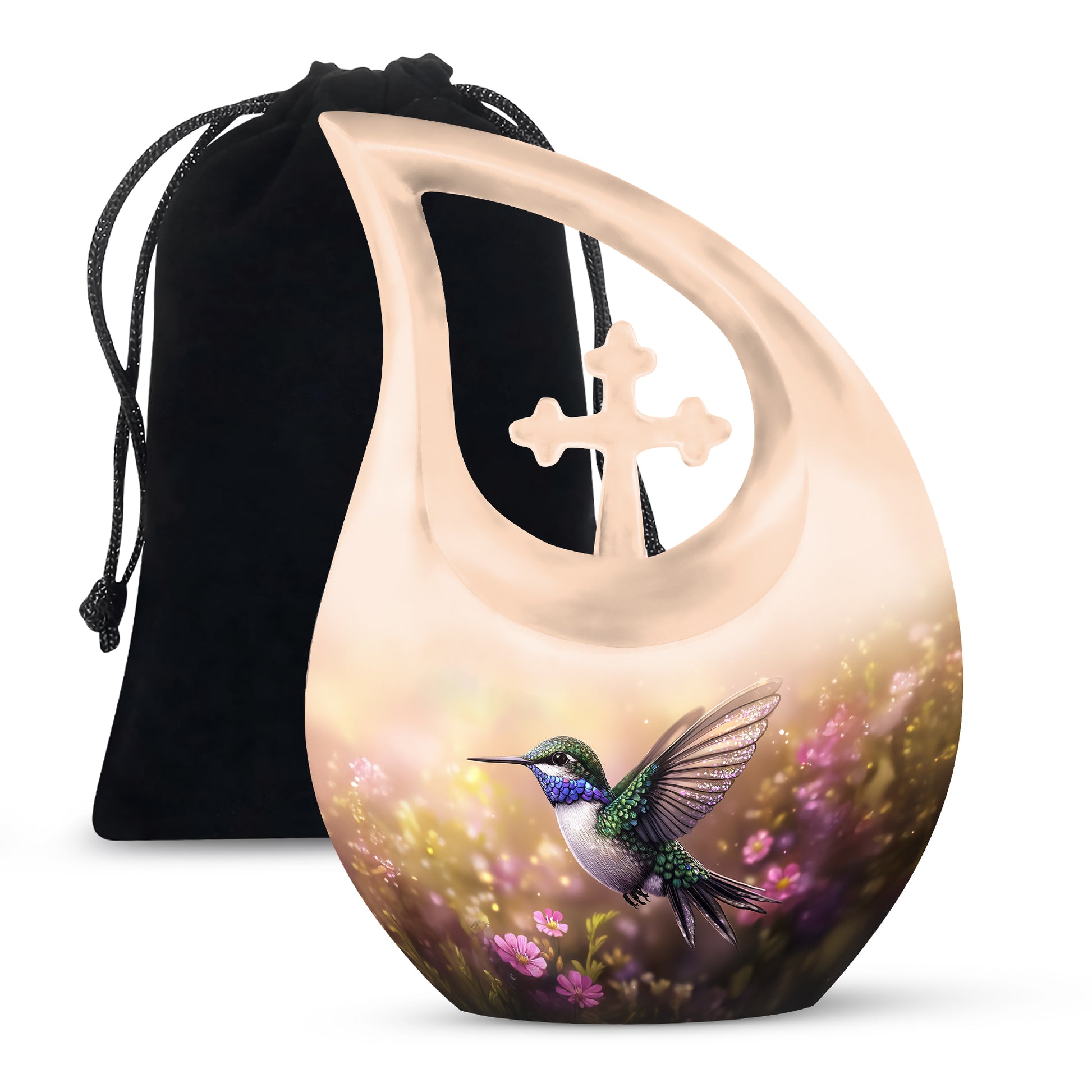 Royal Gold Hummingbird Cremation Urn top-down view of secure threaded lid - devotional cross-drop hummingbird engraving - full-size 10 inch 200 cubic inch adult cremation urn